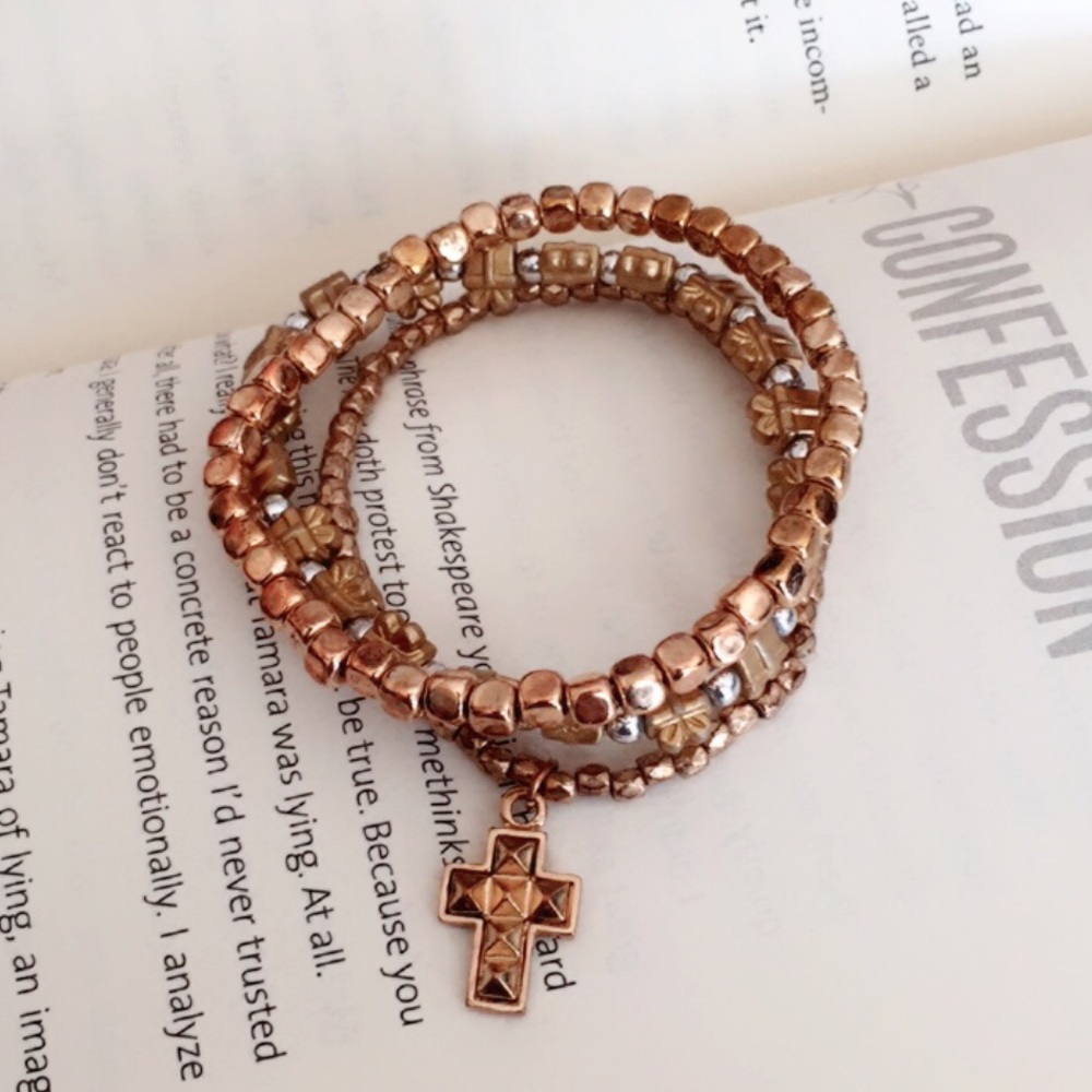 #A198 Gold Seed beads Bracelet Set Cross Charm - Picture 1 of 5